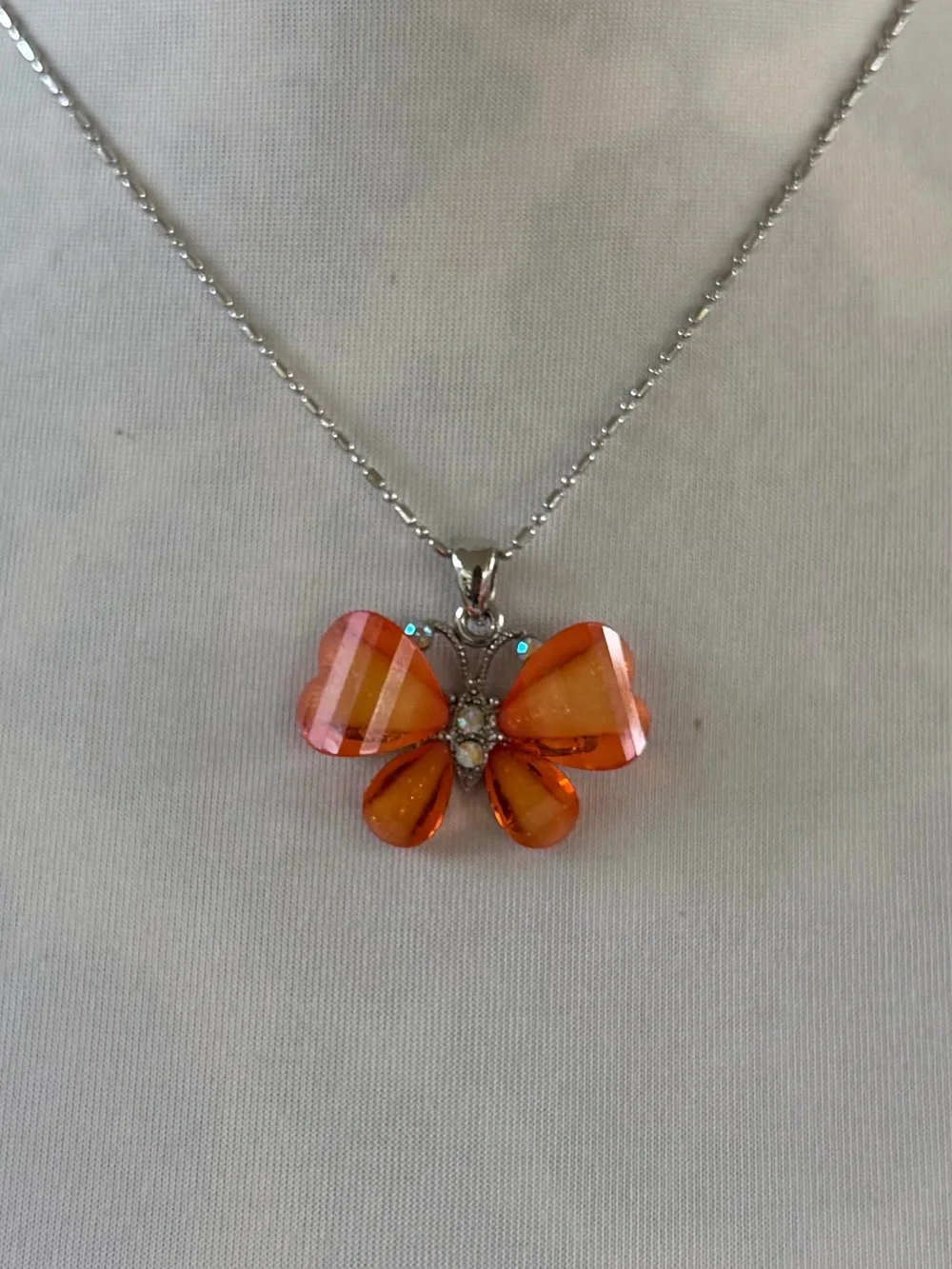 Orange Crystal Butterfly Pendant Necklace – Silver Tone Chain Sparkly Statement